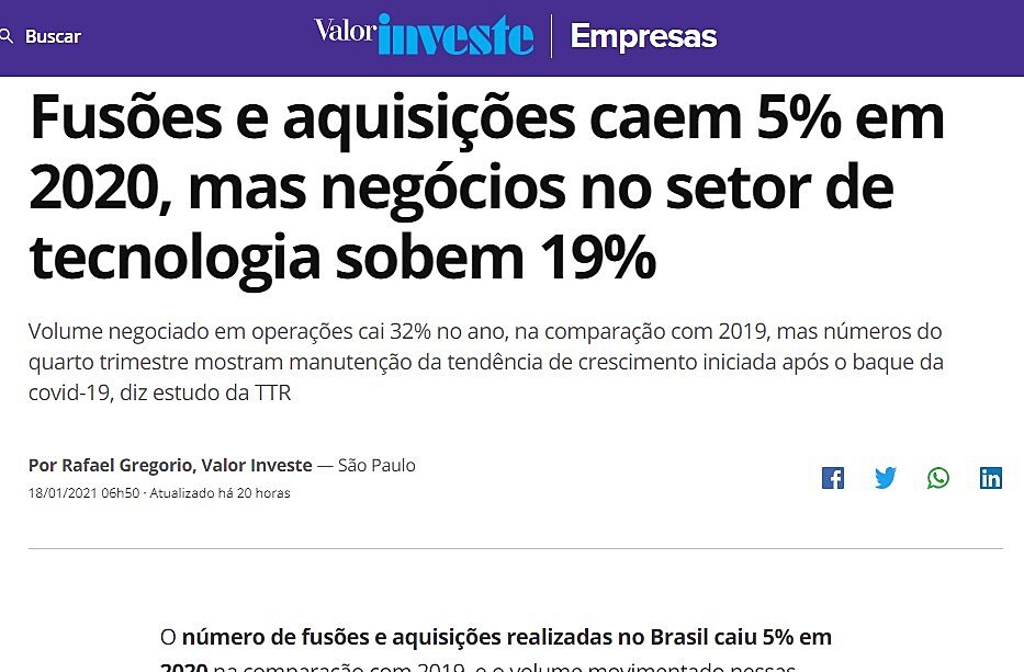 Fuses e aquisies caem 5% em 2020, mas negcios no setor de tecnologia sobem 19%